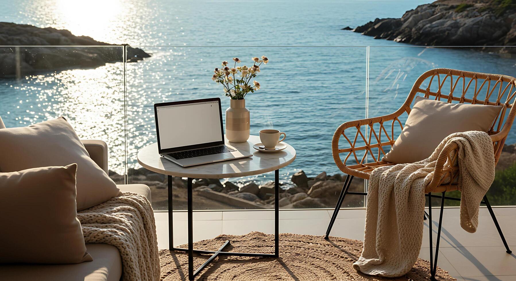 freedom of a digital nomad's life, working on a laptop with a serene sea view photo