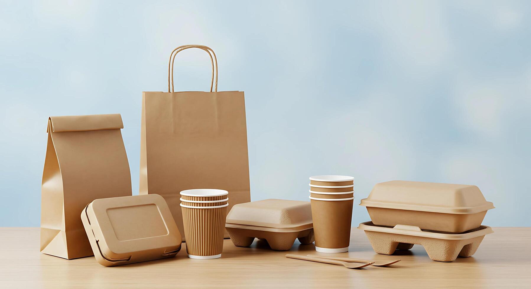 Set Eco-friendly packaging concept items, paper bag, coffee cup and box photo