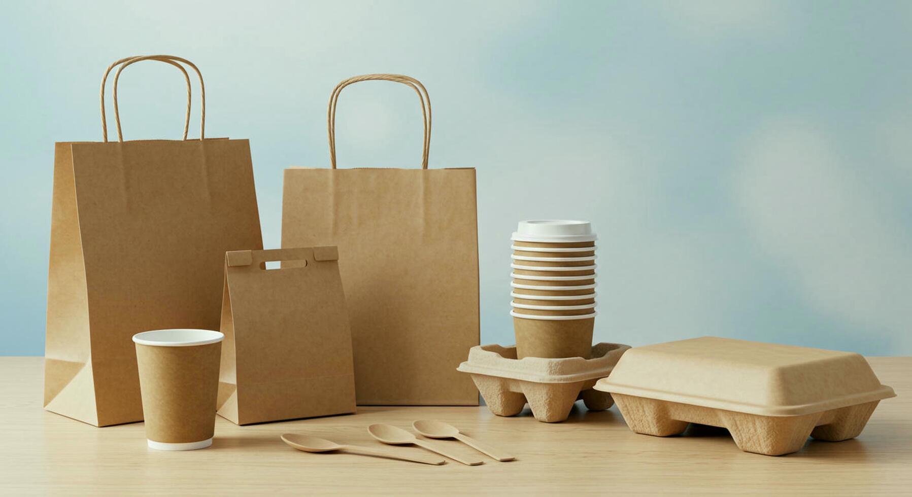 Eco-friendly packaging concept, dining setup with a paper bags, paper boxs, cutlery, and a coffee cup photo