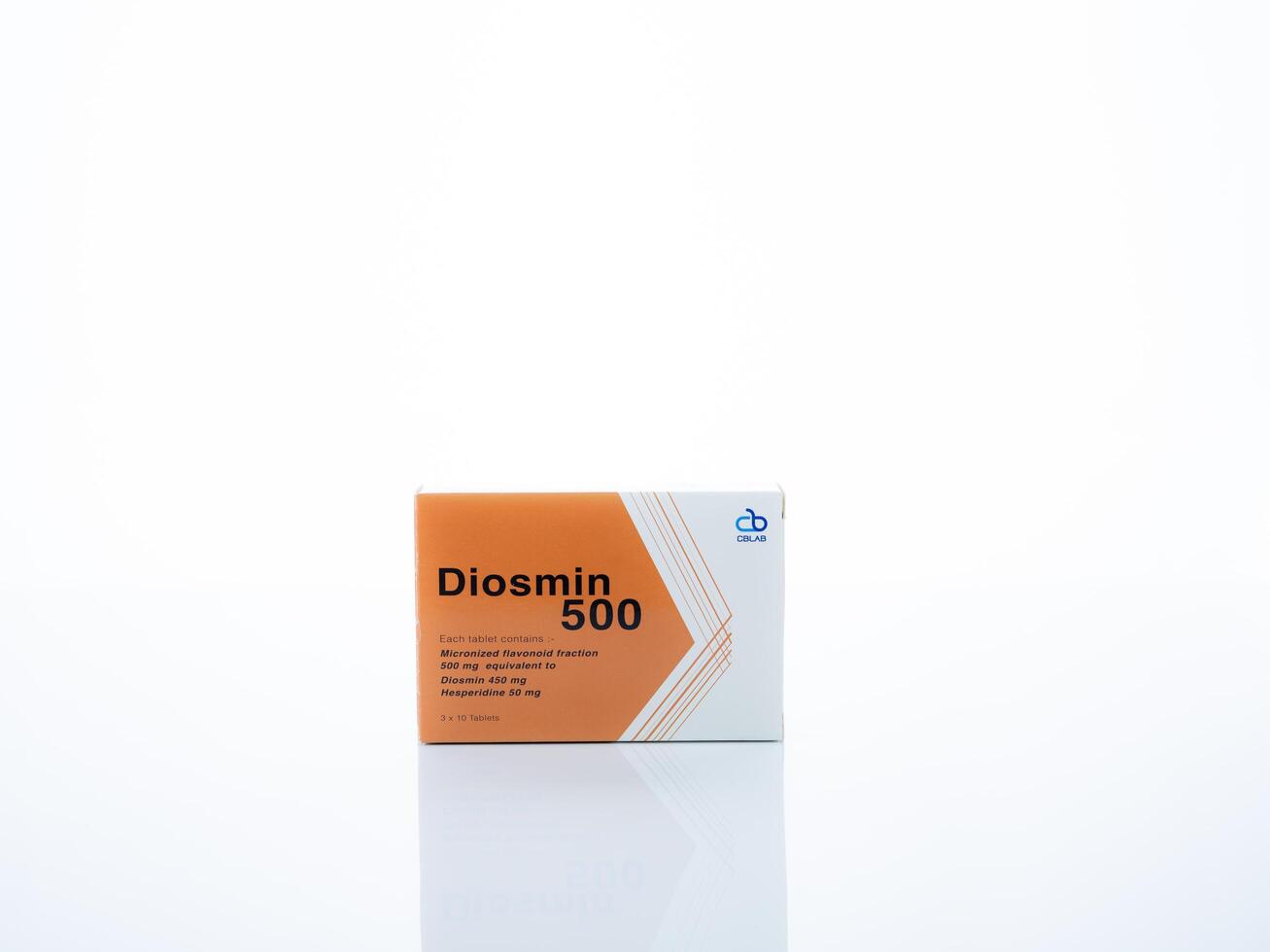 CHONBURI, THAILAND-OCETOBER 8, 2023 Diosmin 500mg medication box on white background. Pharmaceutical treatment for hemorrhoids and venous circulation disorders with flavonoid hesperidin combination. photo