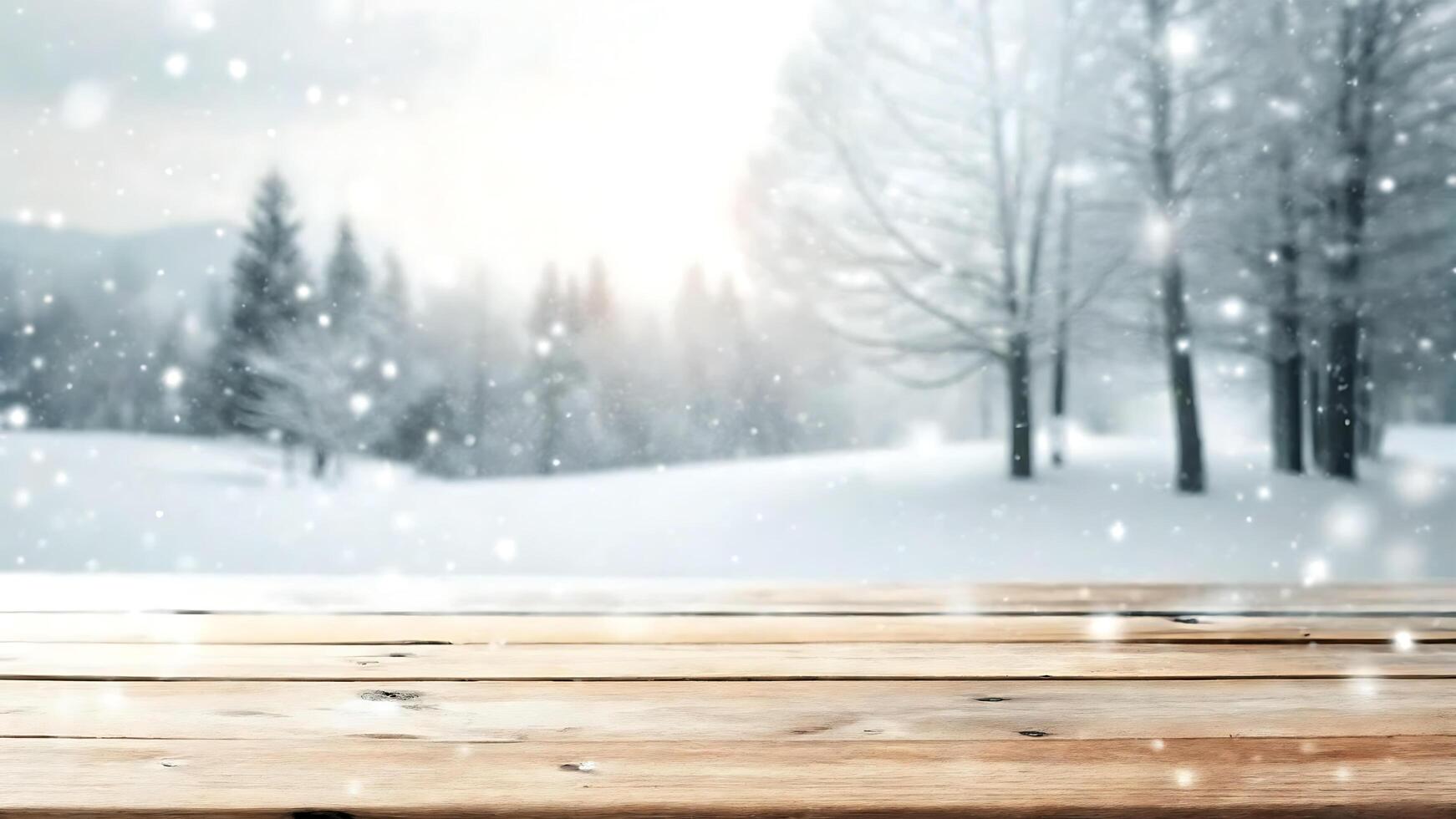 Wooden table in snowy forest with winter trees photo