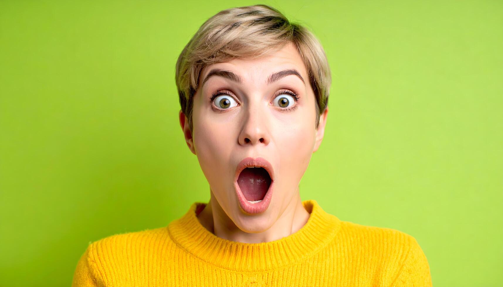A humorous close-up of a young woman's face, displaying an exaggerated, comically shocked expression with wide eyes and a gaping mouth, set against a vibrant lime green background. photo