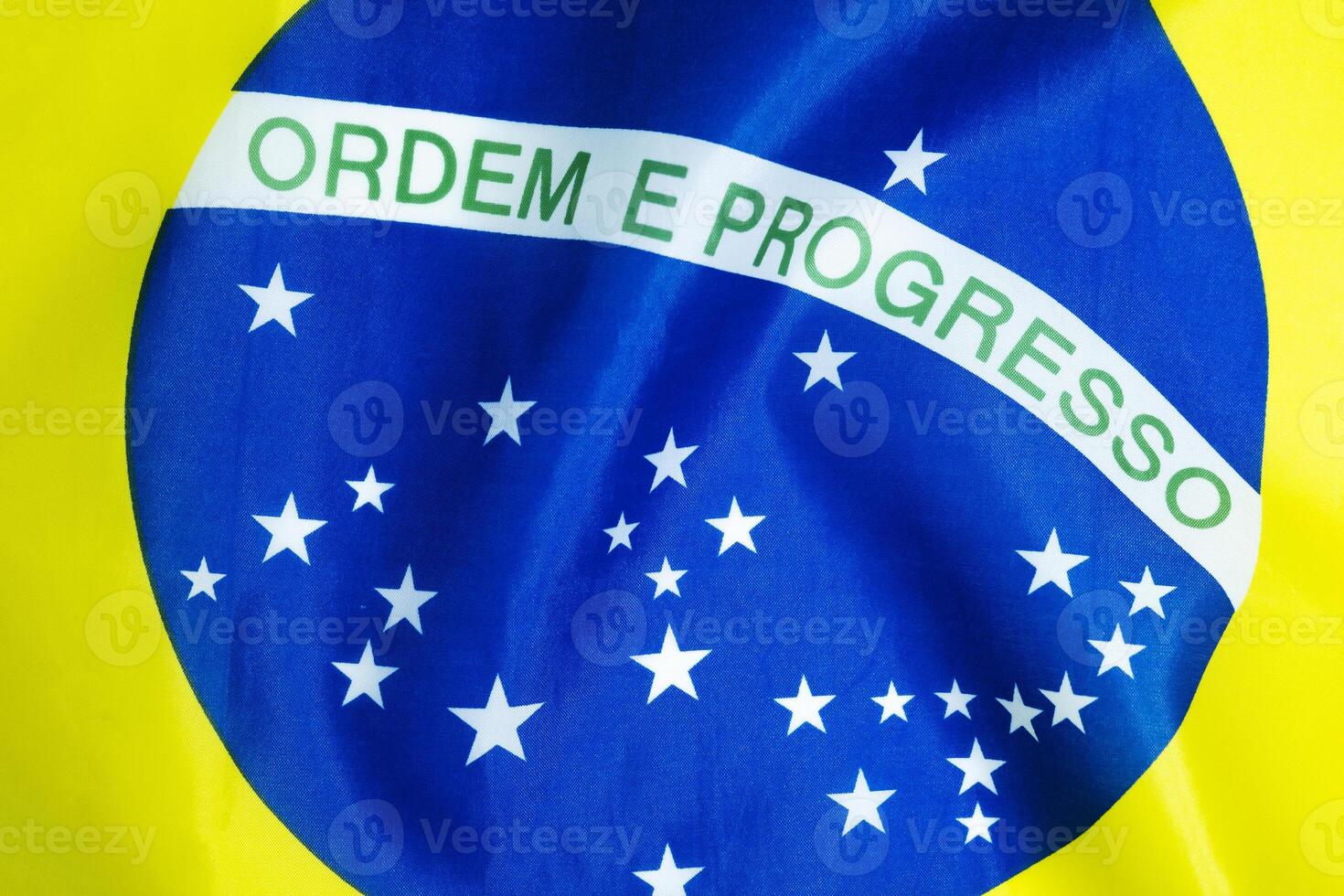Close up Brazil national fabric flag, textile background photo