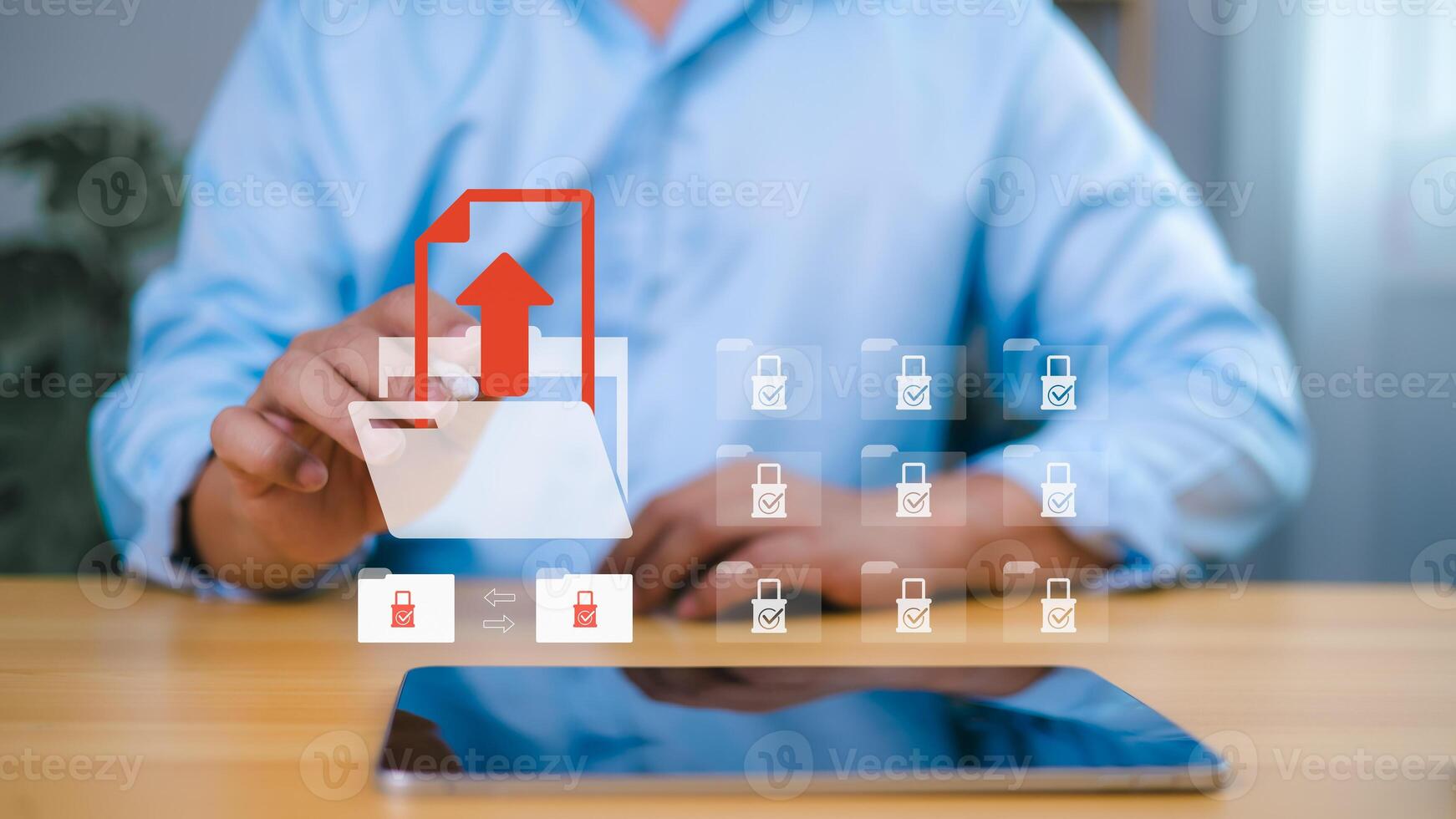 Secure data upload and cloud file sharing concept with businessman touching virtual folder icon photo