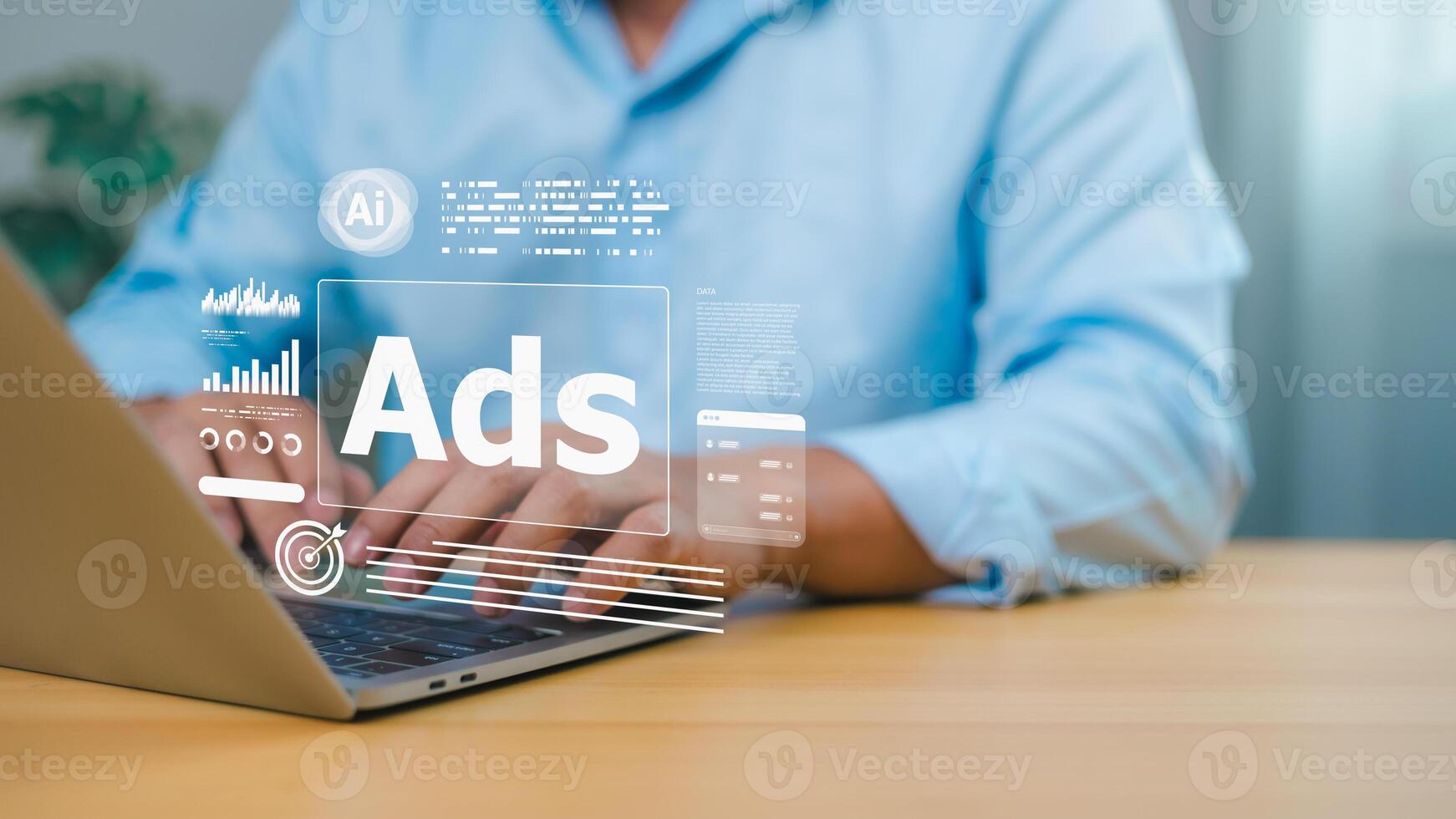 AI digital advertising and data analytics concept with businessman typing on laptop photo