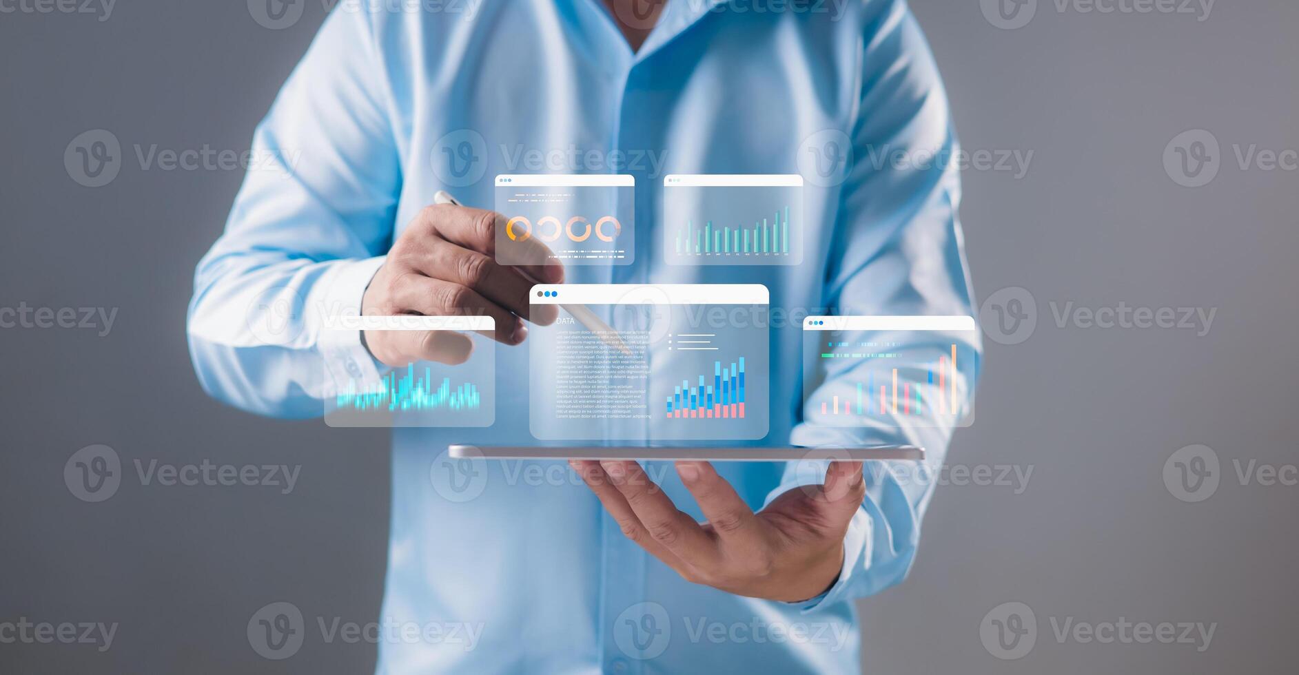 Businessman using a stylus to analyze interactive data dashboards on digital tablet screen. Data analytics, business intelligence, technology solutions, financial performance, Real-time visualization. photo