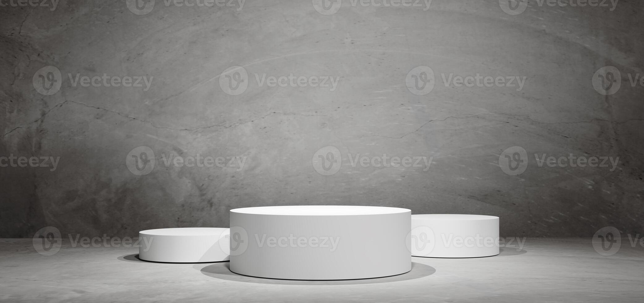 Minimalist white cylindrical pedestals against concrete wall for product display or presentation photo