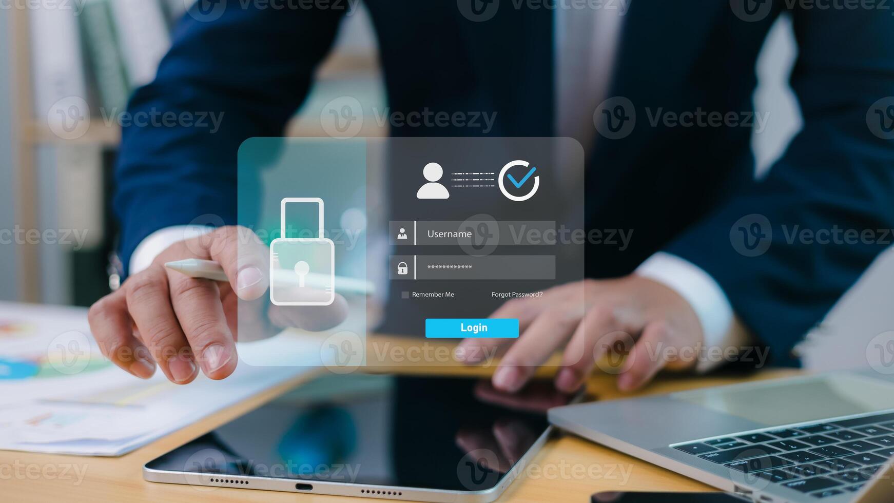 Businessman using virtual login interface on digital device, cybersecurity, data protection, identity verification, and secure online access in modern business environment. photo