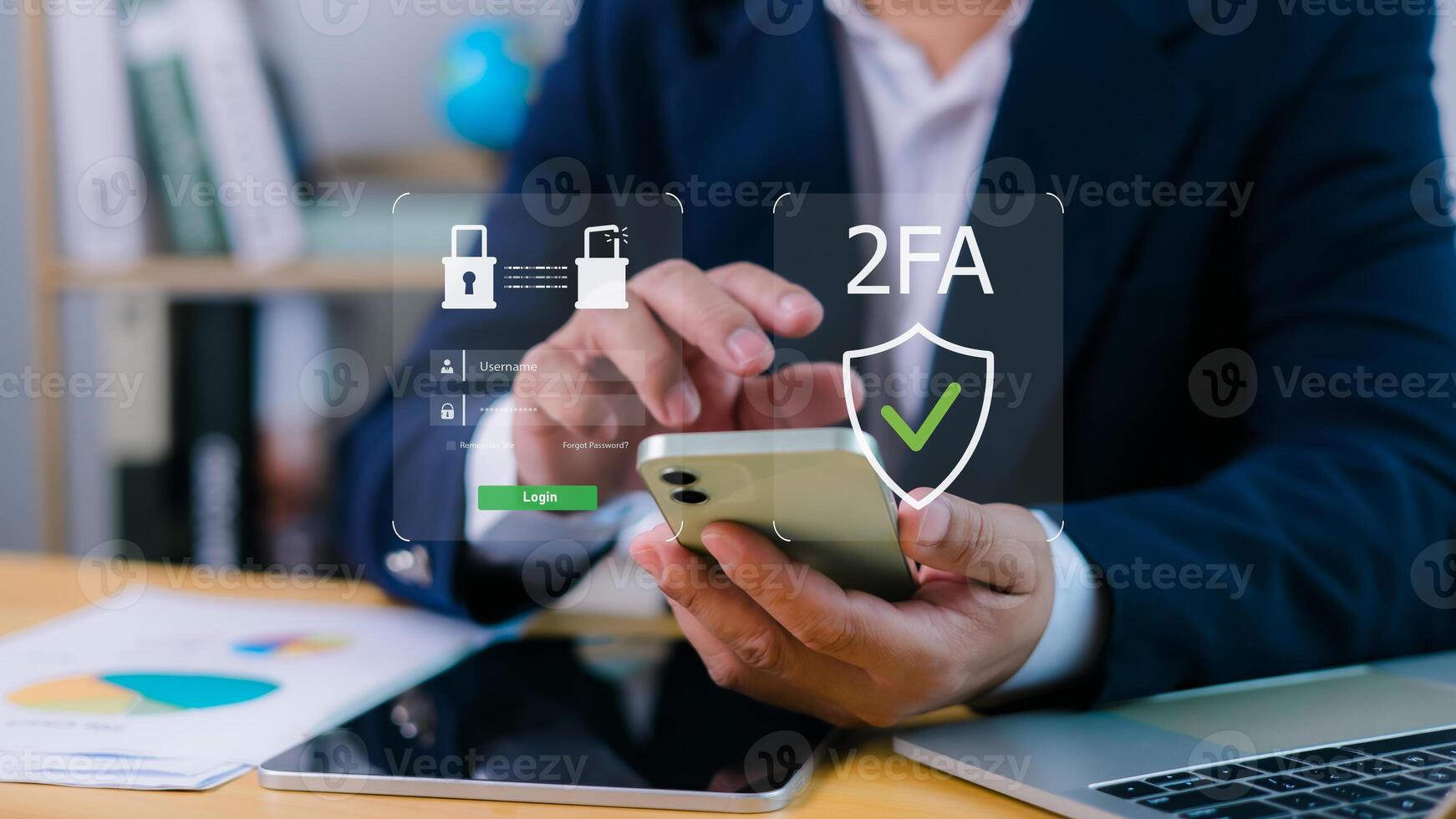 Person using smartphone to access digital interface with 2FA login screen and security icons, highlighting cybersecurity, data protection, secure access, privacy, authentication, online safety tech. photo