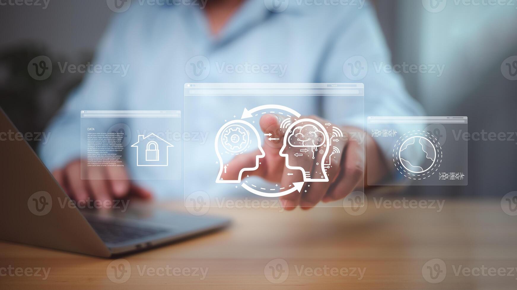 Futuristic digital learning and global communication concept with holographic human heads and smart technology icons photo