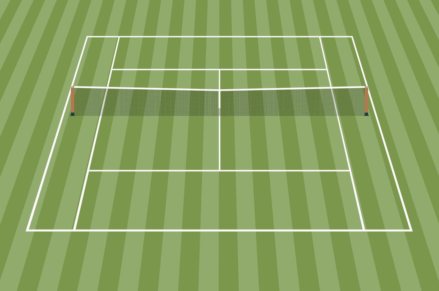 Isometric illustration of a grass tennis court with a net, white boundary lines, and a striped lawn pattern vector