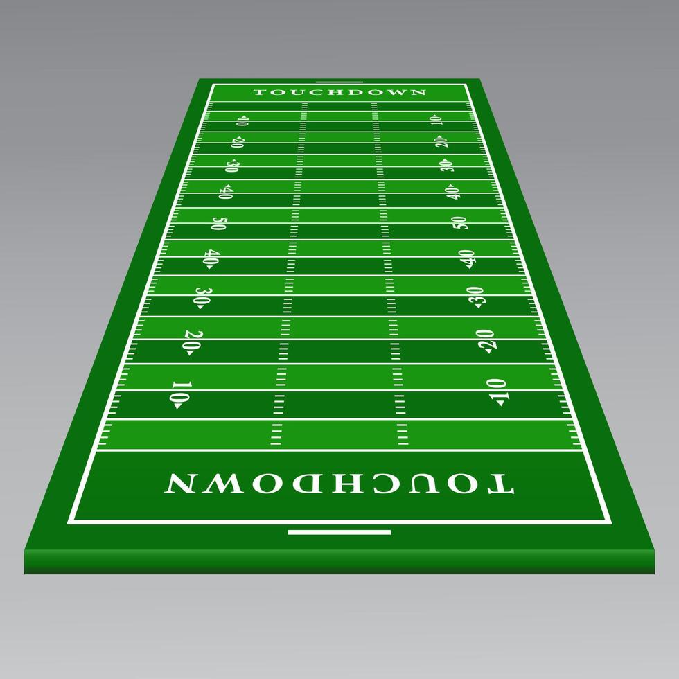 3D vertical view of an American football field with yard markings and touchdown zones, ideal for sports graphics and athletic design projects. vector