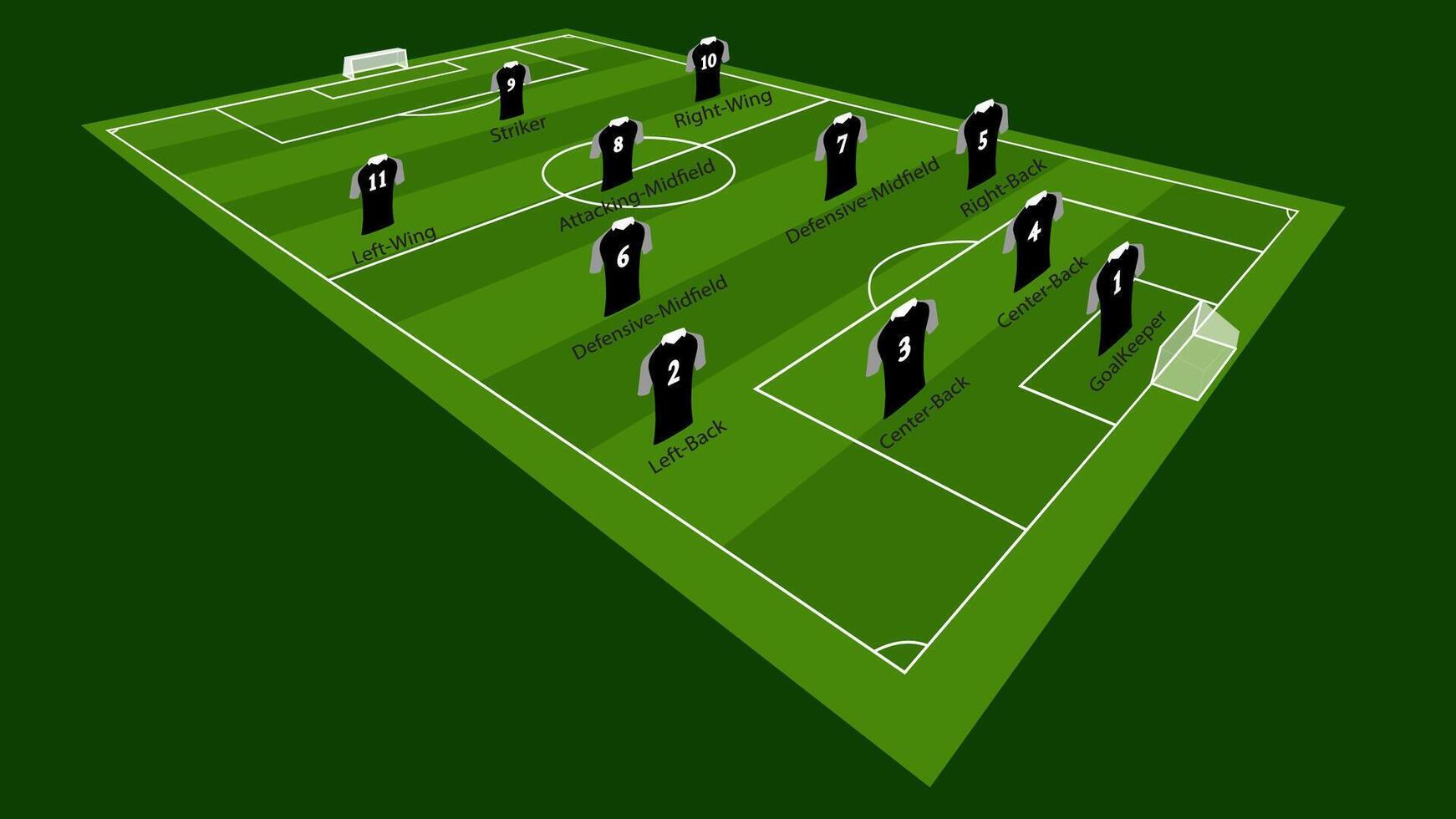 Isometric illustration of a soccer field with player positions labeled. Ideal for sports tactics, coaching strategies, and football analysis vector