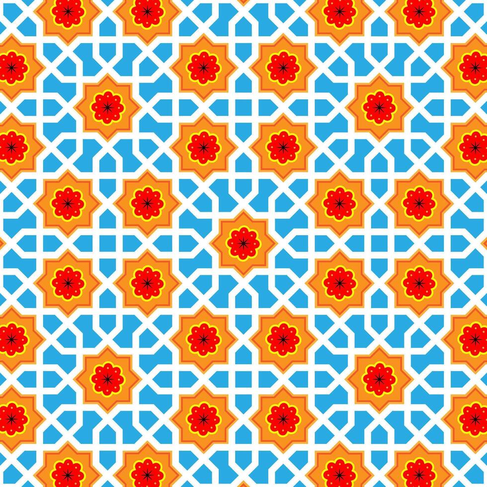 A vibrant and intricate Islamic geometric pattern featuring interlocking stars, hexagons, and triangles. The pattern is composed of bold blue, orange, and red colors, creating a visually striking vector