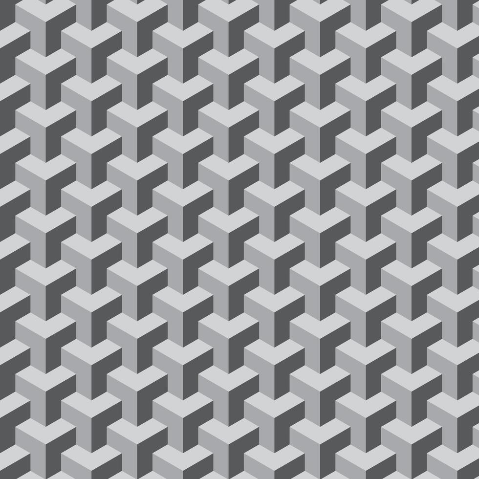 A visually captivating seamless geometric pattern featuring interlocking Y-shaped blocks in grayscale, creating an optical illusion of three-dimensional cubes. This modern design vector