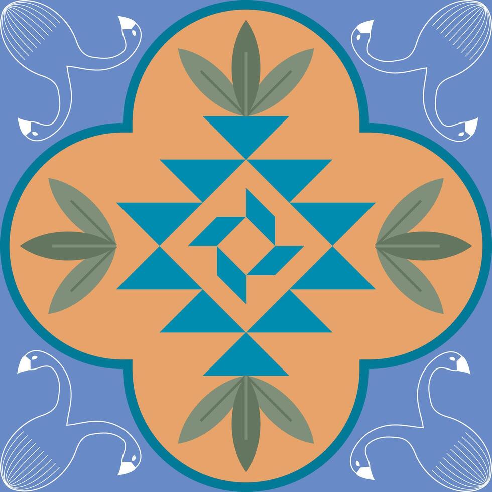 This vibrant pattern features a geometric design. Bold colors, intricate triangles, and stylized leaves create a captivating composition. The addition of swans adds a playful and exotic touch. vector
