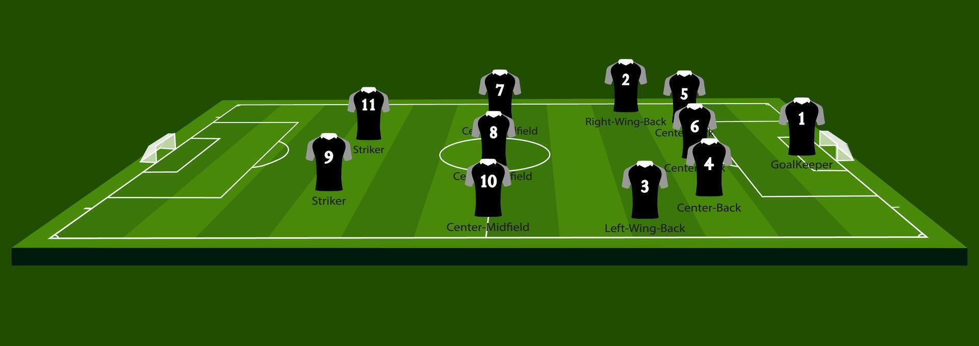 A minimalist illustration of a 5-3-2 football formation on a green field, showing player positions with numbers and labels. Perfect for sports design, coaching, and tactical analysis vector