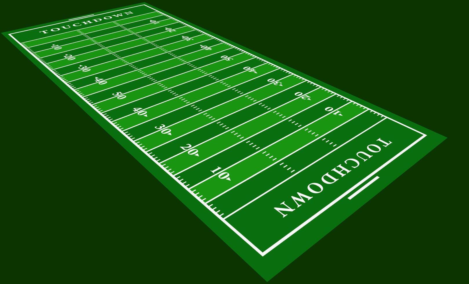 Illustration of an American football field in perspective view with green turf and white markings, labeled TOUCHDOWN zones. Ideal for sports themes and educational content. vector