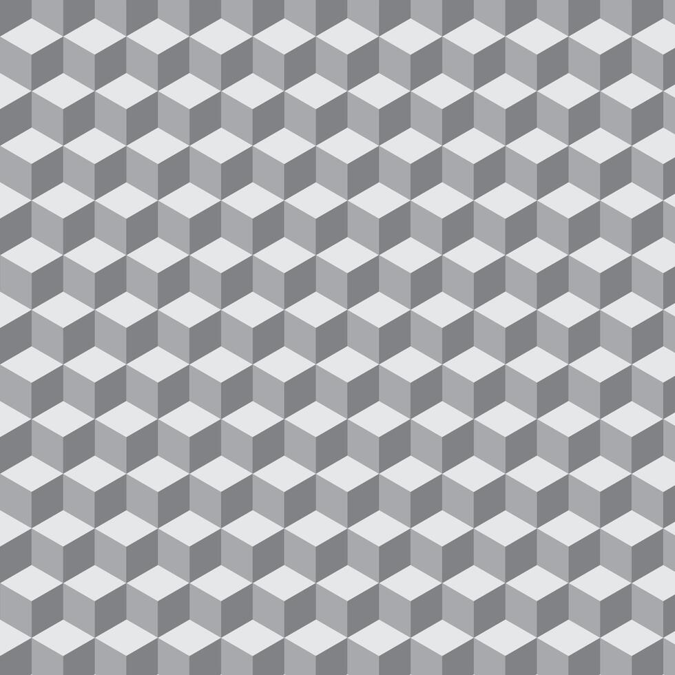 A seamless geometric pattern of interlocking cubes in grayscale, creating a striking 3D effect. This optical illusion design offers depth and perspective, ideal for modern backgrounds, wallpapers vector