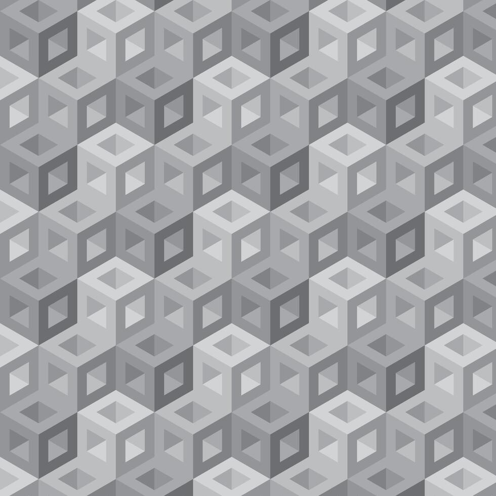 Seamless geometric 3D cube pattern in grayscale, creating a complex yet visually appealing optical illusion. Perfect for backgrounds, wallpapers, packaging, or digital designs requiring a modern vector