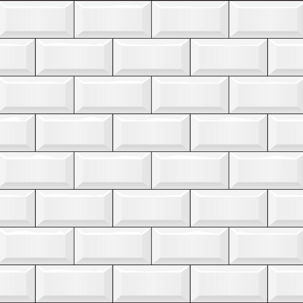 Seamless white subway tile wall pattern with a glossy 3D effect, ideal for bathroom, kitchen, or interior design projects. vector