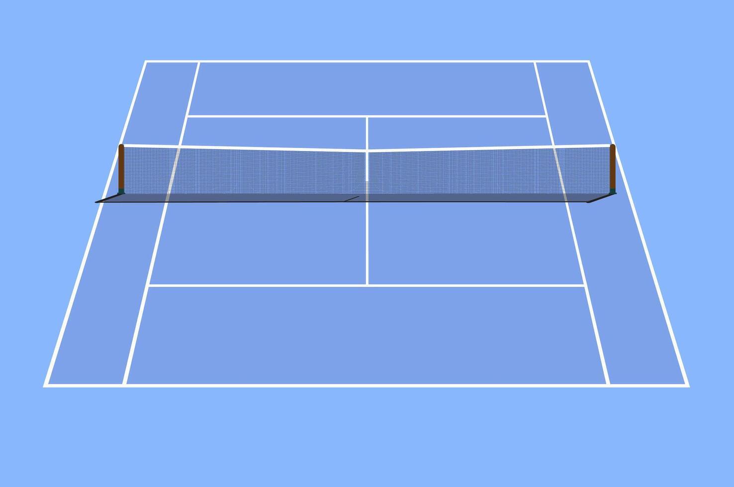 Isometric illustration of a blue tennis court with a net, white boundary lines, and a clean minimalistic design vector