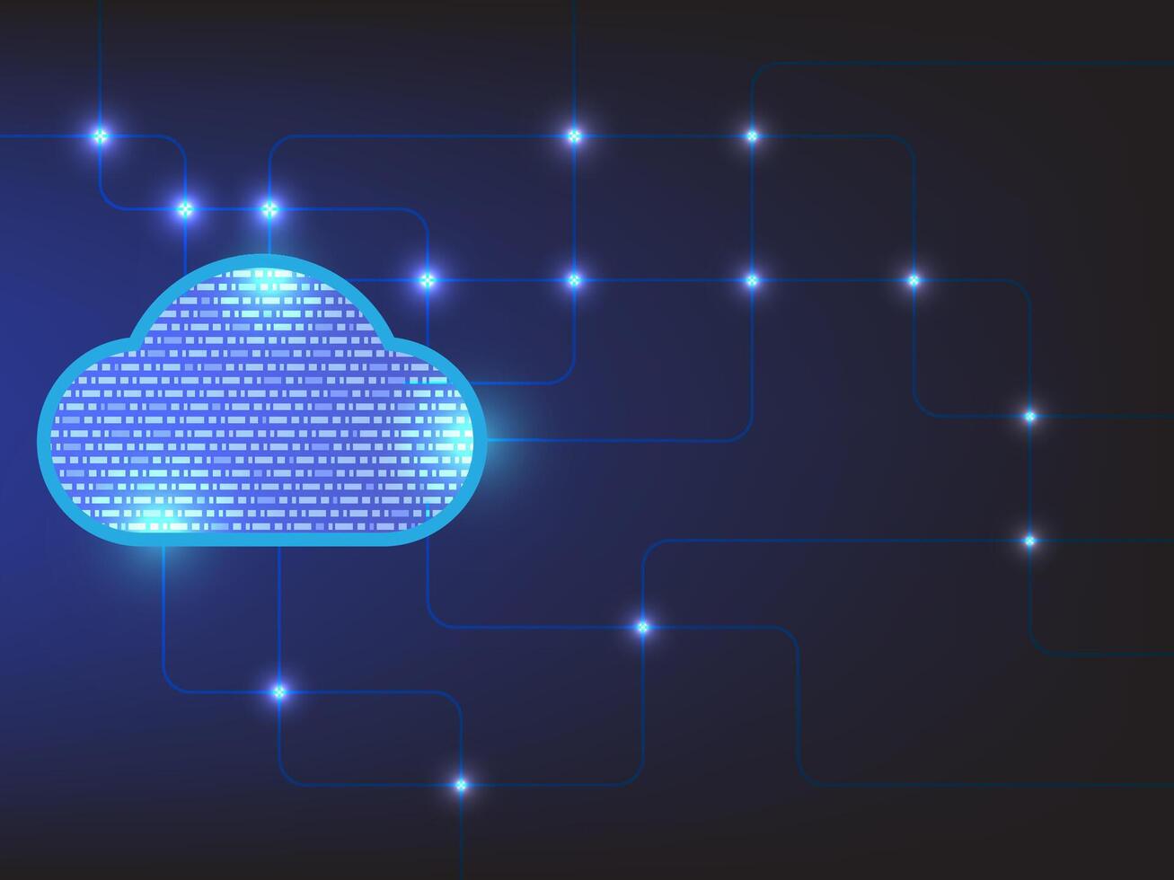 Futuristic cloud computing concept with glowing lines and digital cloud shape on dark background. Perfect for IT, data storage, and technology themes. vector