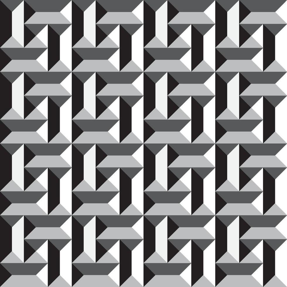 Seamless geometric pattern with an isometric 3D effect in black, white, and gray tones. Modern and abstract tile design. vector