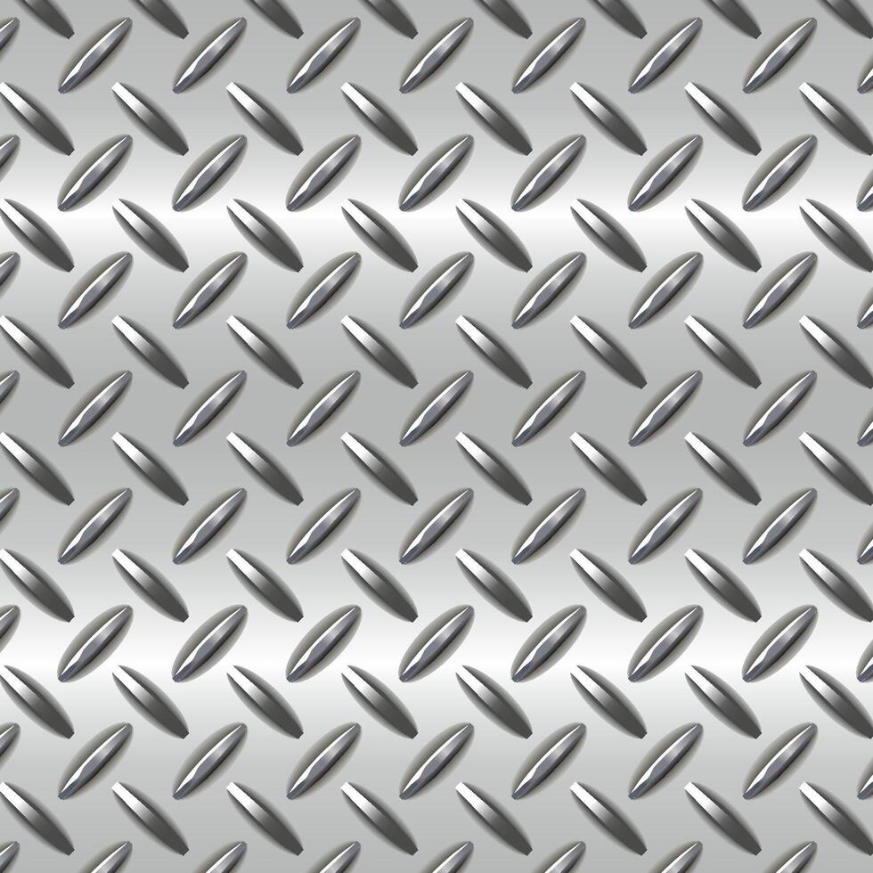 Seamless diamond plate metal texture with raised tread pattern and brushed steel finish. Ideal for industrial backgrounds, floor surfaces, and machinery designs. vector