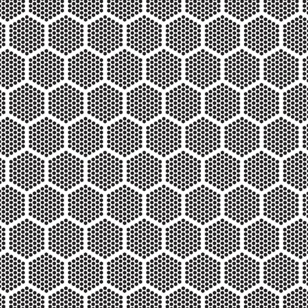 Seamless black and white hexagonal dot pattern, abstract geometric texture ideal for backgrounds, prints, or digital designs. vector
