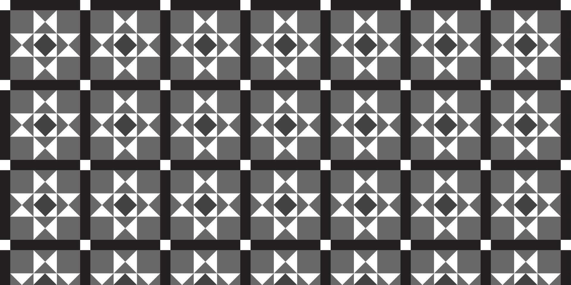 Seamless geometric tile pattern with star motifs in grayscale, ideal for backgrounds, textiles, and digital design. vector