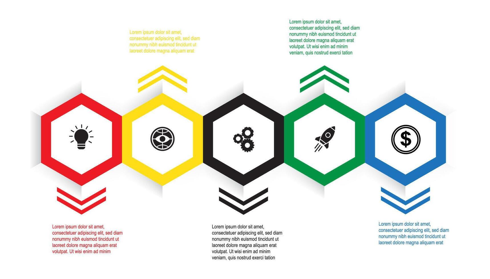 Colorful business infographic with hexagon icons representing ideas, strategy, process, growth, and finance. Ideal for presentations, reports, and marketing materials. vector