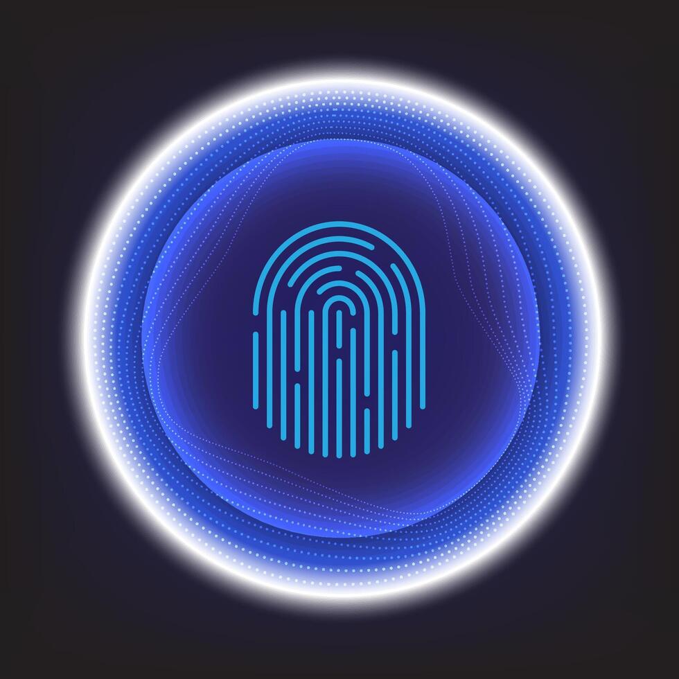 Blue fingerprint icon inside glowing tech circle on dark background, perfect for cybersecurity, biometric, or identity verification themes. vector