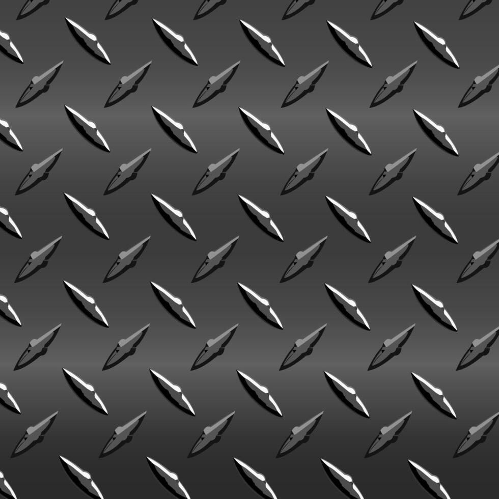 Seamless metal diamond plate texture with 3D raised patterns and dark gradient, ideal for industrial, automotive, or construction-themed backgrounds and designs. vector