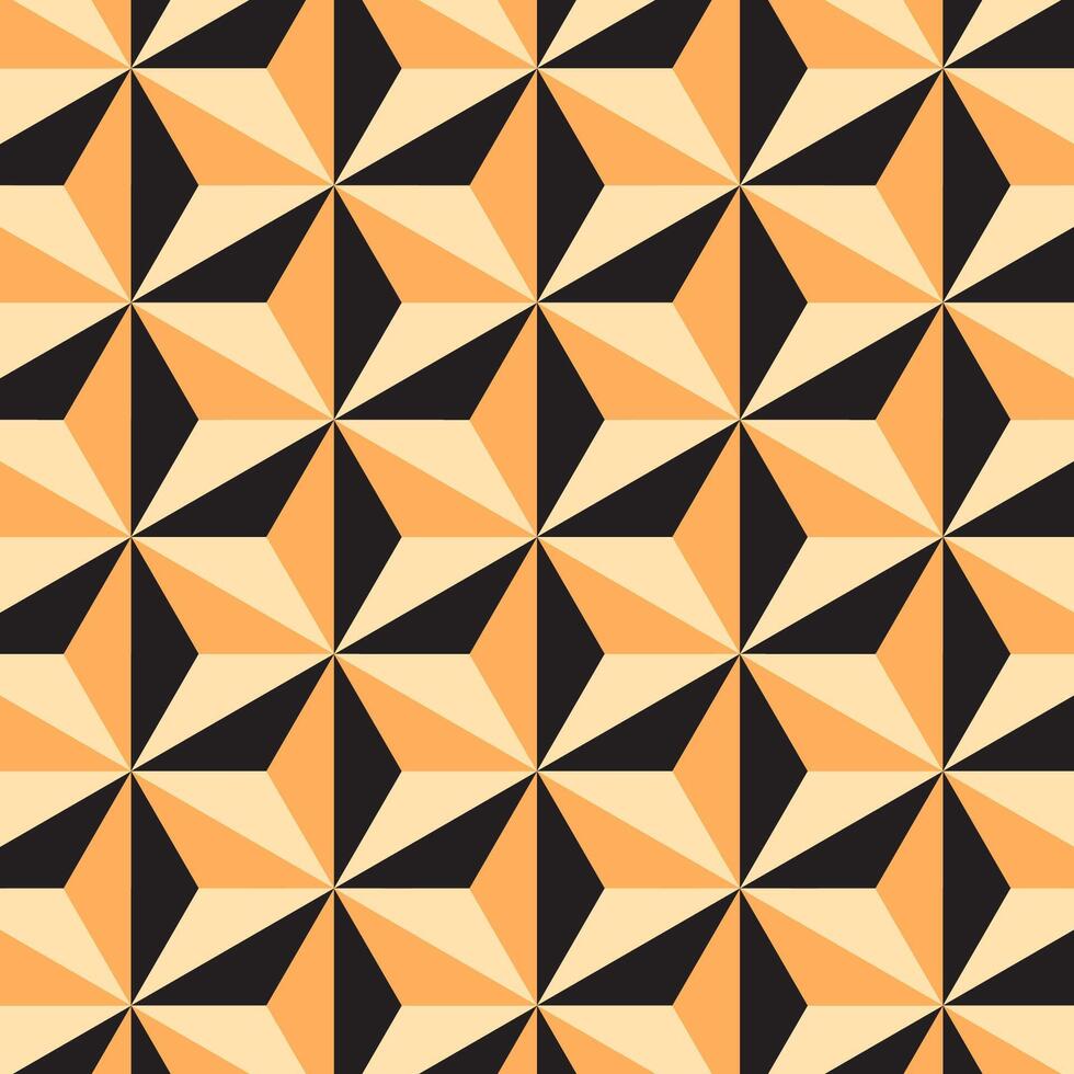 Seamless retro geometric triangle tile pattern in black, orange, and beige tones for wallpaper, textiles, and modern backgrounds. vector