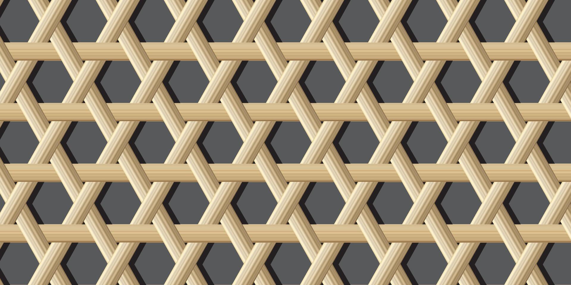 Hexagonal rattan weave pattern with dark gray background. Perfect for furniture design, textures, natural decor, and traditional or tropical-themed projects. vector