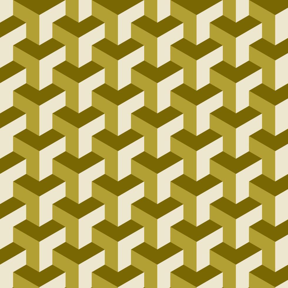 Seamless isometric geometric pattern with 3D cube illusion in earthy shades. Ideal for backgrounds, textiles, and modern design projects. vector