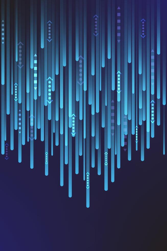 Abstract futuristic background with glowing blue vertical lines and arrows, representing data flow, technology, and digital movement on dark background. vector
