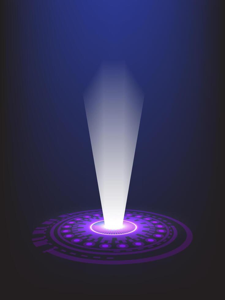 Futuristic digital interface with a glowing beam of light projected from a circular platform. Ideal for sci-fi, technology, or virtual reality themes. vector