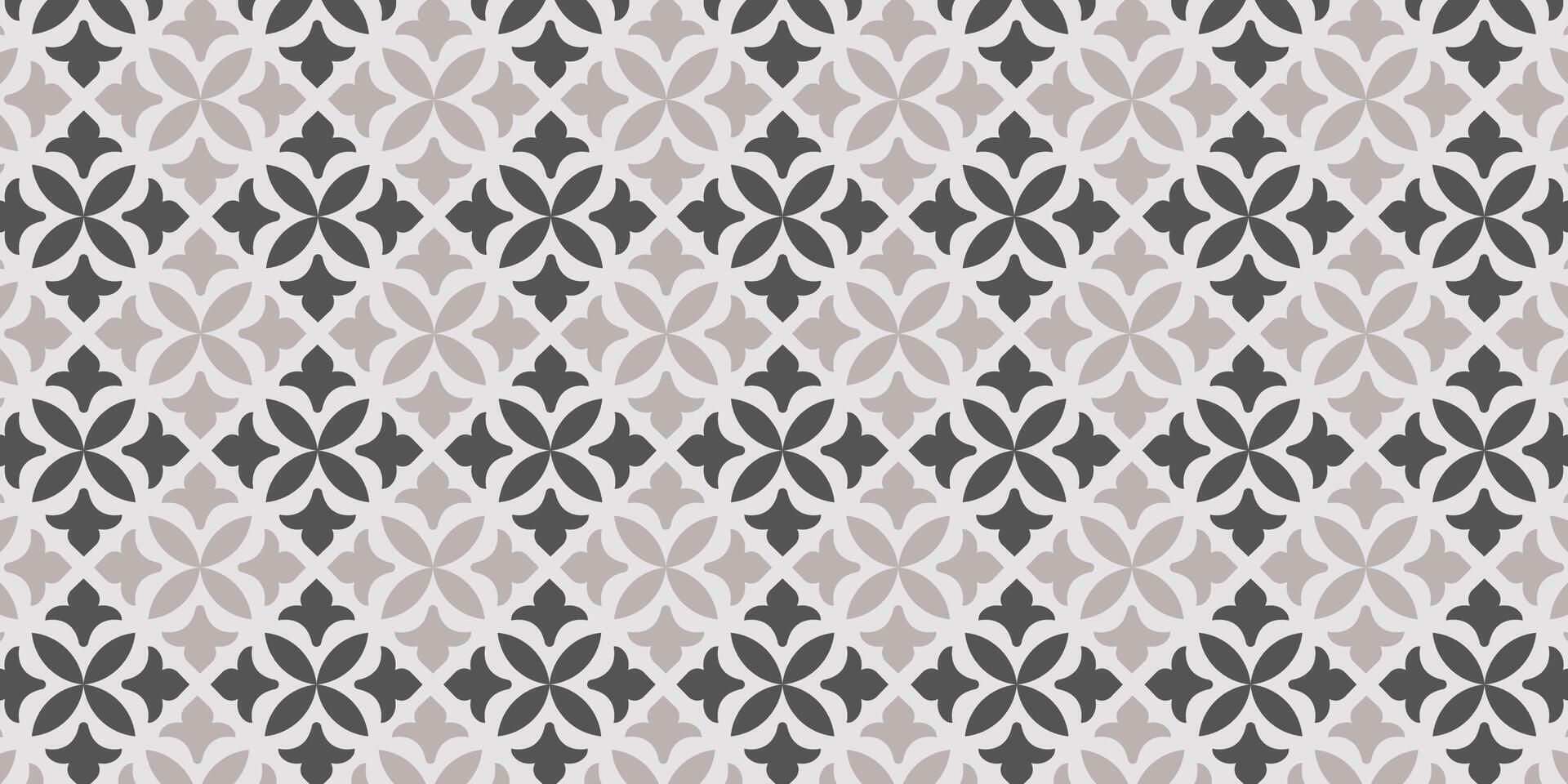 Classic gray seamless tile pattern with floral and geometric elements, ideal for digital backgrounds, wallpapers, and fabric prints. vector