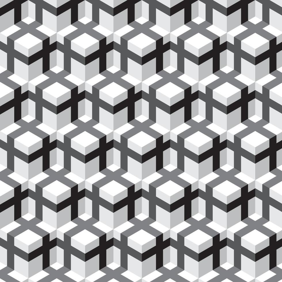 Seamless isometric 3D geometric cube pattern in grayscale, creating a bold and dynamic visual effect. Ideal for backgrounds, wallpapers, packaging, and digital projects requiring a modern vector