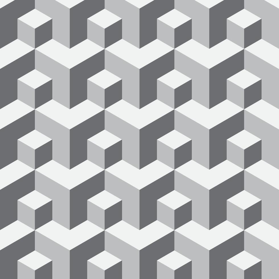 Seamless isometric pattern with interlocking cubes and geometric shapes in a modern abstract style. Ideal for backgrounds and textiles. vector