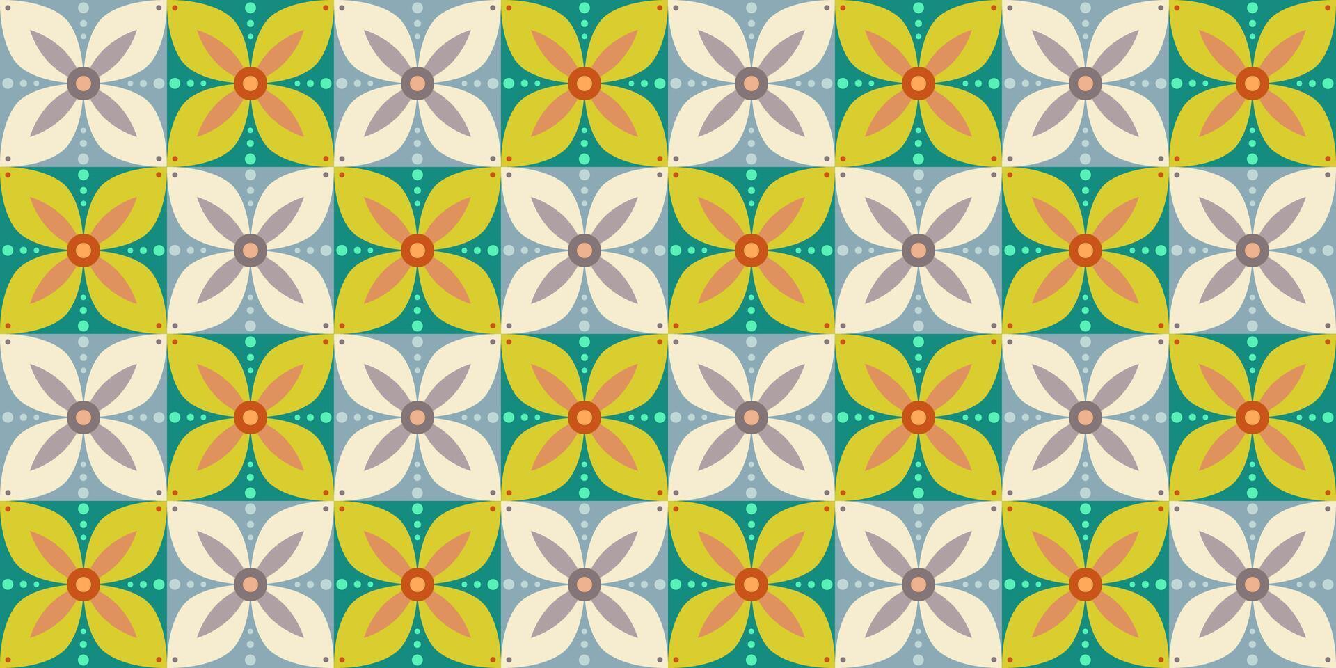 Colorful seamless floral pattern in a retro tile style. Symmetrical flower shapes and dotted details. Perfect for fabric, wallpaper, and decorative backgrounds. vector
