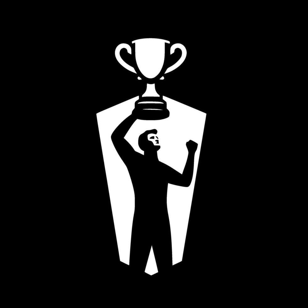 A black and white logo with a man holding up a trophy vector