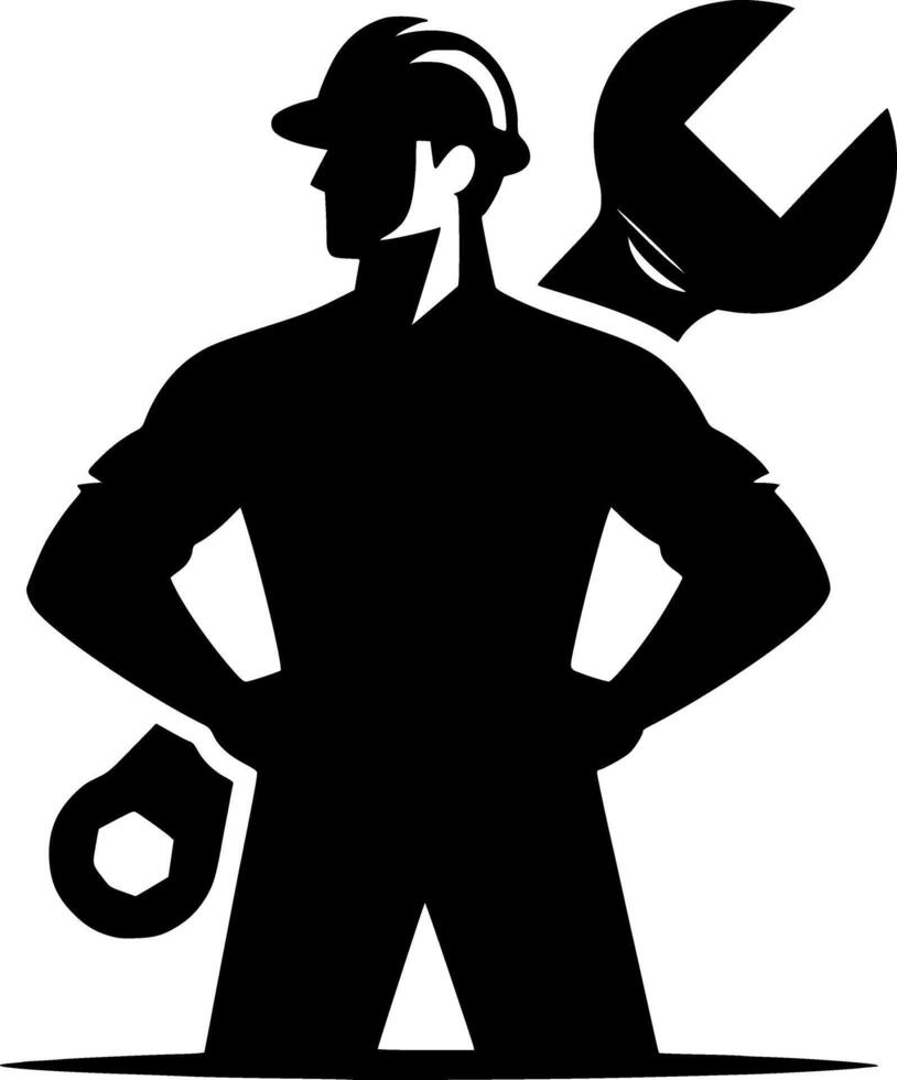 A silhouette of a man holding a wrench and a wrench vector