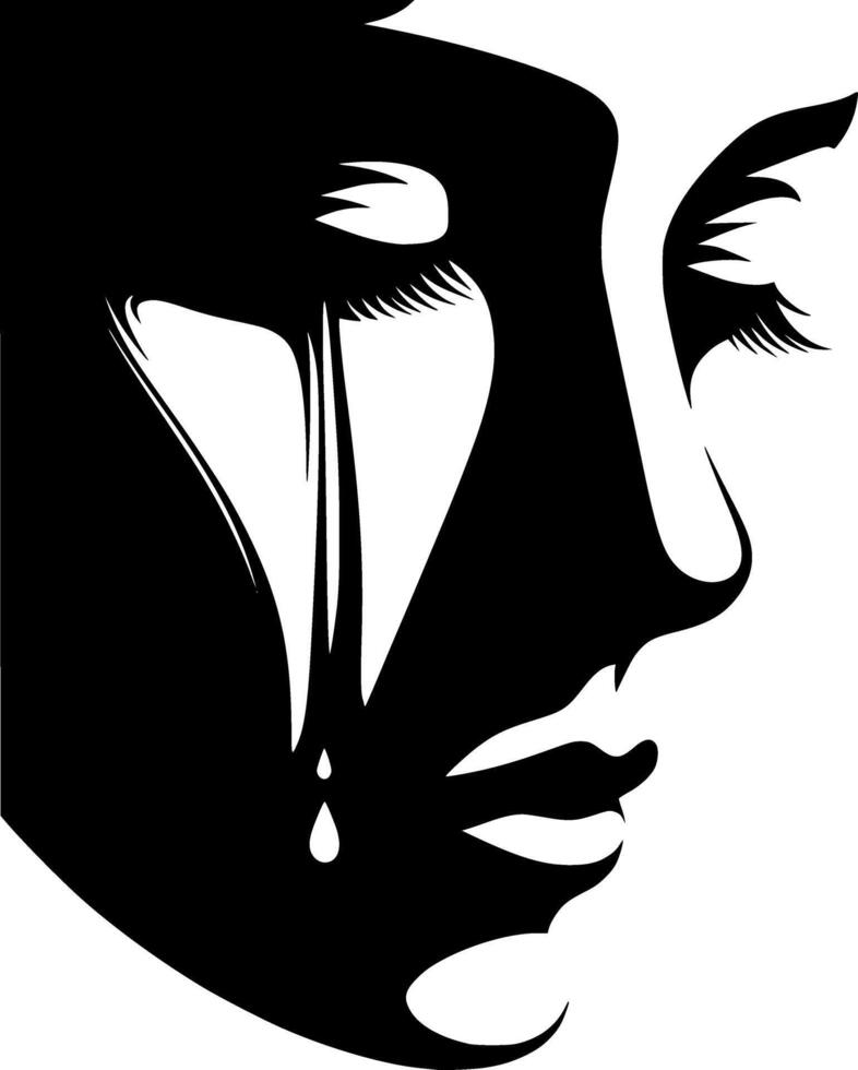 A black and white silhouette of a woman's face with tears vector