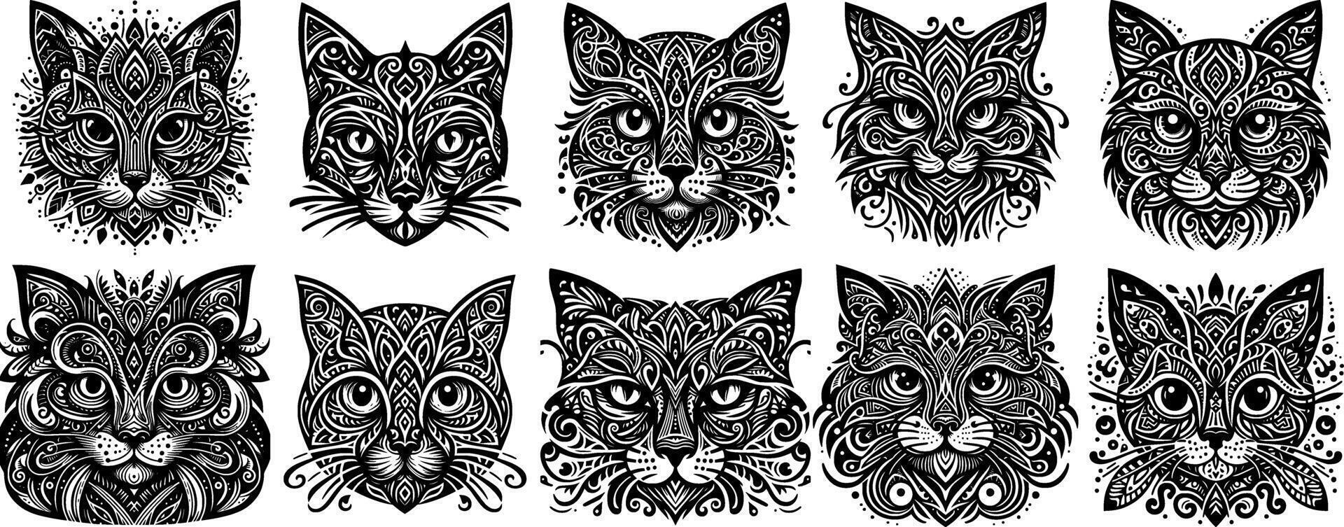 A set of nine black and white cat faces vector