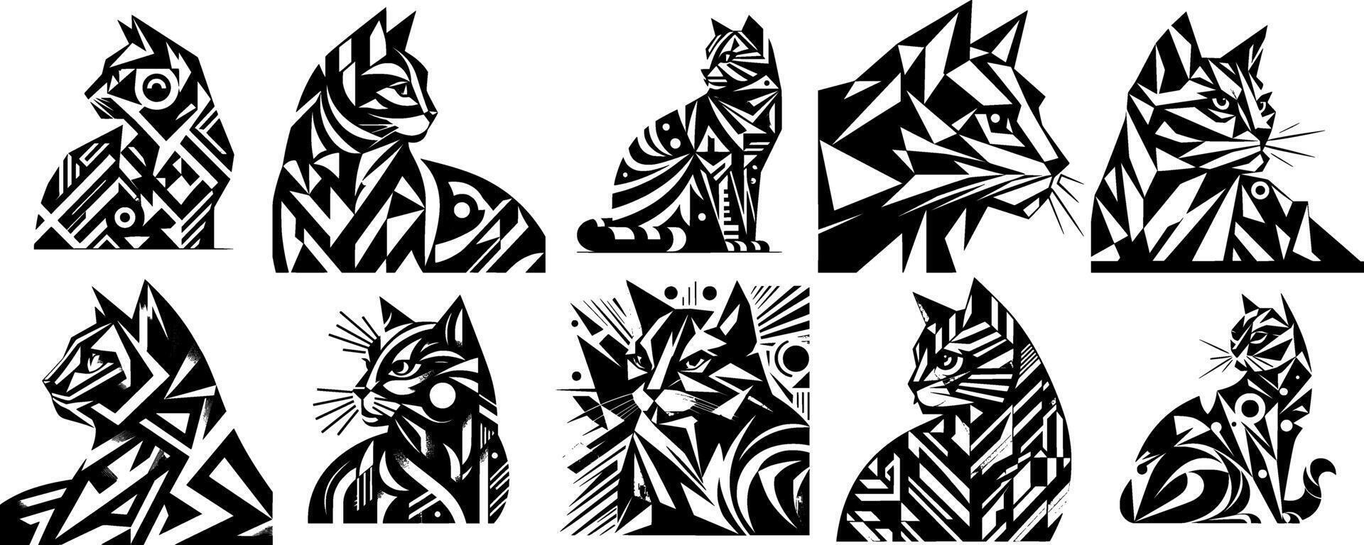 A set of black and white tribal cat designs vector