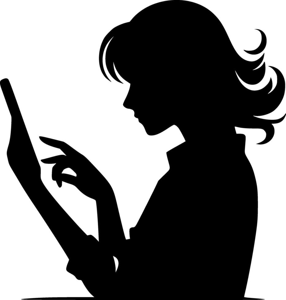 A silhouette of a woman using a tablet computer vector