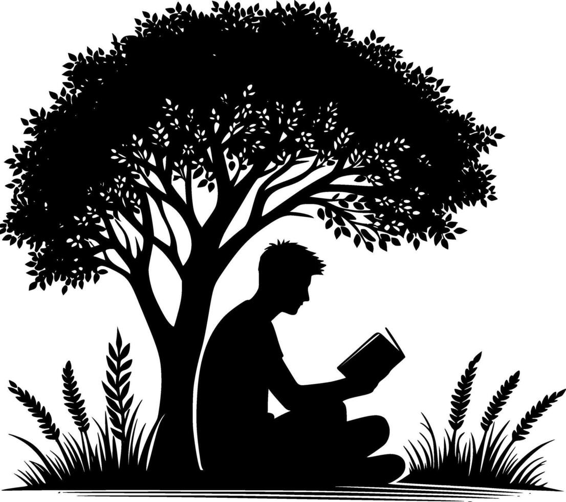 Silhouette of a man reading under a tree vector